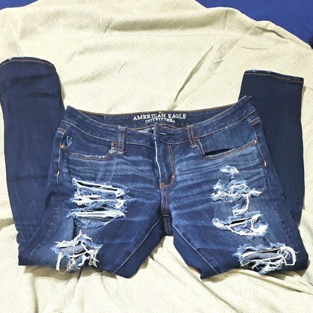 American Eagle Outfitters Blue Skinny Jeans Distressed Design